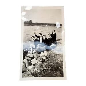 Vtg Pretty Women Hanging Out by Lake Original Monochrome Photography Found
